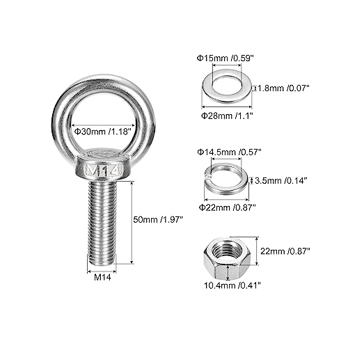 Image of uxcell Lifting Eye Bolt, 1 Set M14x50mm Eye Bolt with Nut Washer 304 Stainless Steel Shoulder Lifting Ring Eye Bolt for Hanging Item