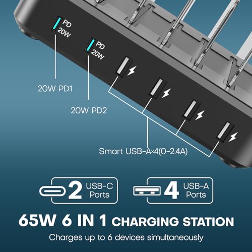 65W 6 Ports Charging Station for Multiple Devices,with 2 USB C Fast Charger - image 2