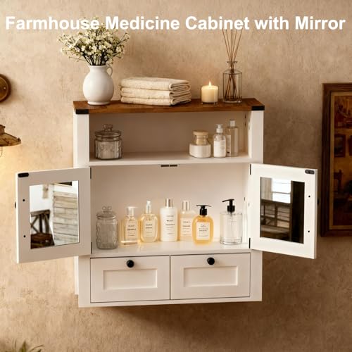 Image of M METERXITY 23.6 inch W Farmhouse Bathroom Wall Cabinet with Mirror, Wall Mount | Over the Toilet Storage, Wooden Medicine Cabinet with Barn Doors, Space Saver, Kitchen, Laundry, Entrance,White Walnut