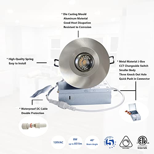 Premium Canless Recessed Gimbal Downlight Rotatable-Spotlight 5 CCT Eyeball Ceilling Potlight, Dimmable Lights Fixture with Junction Box, 8W CCT Adjustable (Brushed Nickel, 4 Inch)