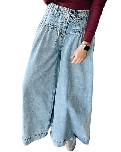 Women's Vintage Baggy Wide Leg Jeans High Waisted Buttons Drawstring Pleated Hem Denim Pants