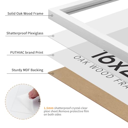 puthiac 16x24 White Oak Wood Picture Frame - Minimalist 16x24 Poster Frame, 16"x24" Frame Wood, Natural Solid Wooden Picture Frames for Wall Art Photo and Prints (1 Pack, White)