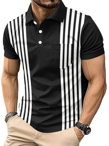 3 Pack Mens Striped Golf Shirt Moisture Wicking Quick-Dry Short Sleeve Casual Print Collared Golf Polo Shirts4
