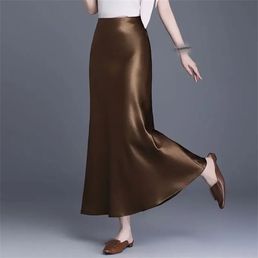 Women Satin Midi Skirt High Waist Bodycon Fish Tail Long Dressy Office Skirt Solid Color2