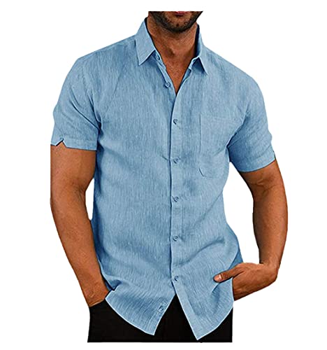 Chemisier en lin homme bleu manches courtes boutons taille 3XL mode été