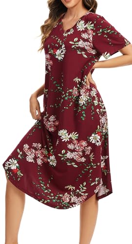 Image of Kabento Nightgowns for Women Cotton Short Sleeve Long Night Gowns with Pockets