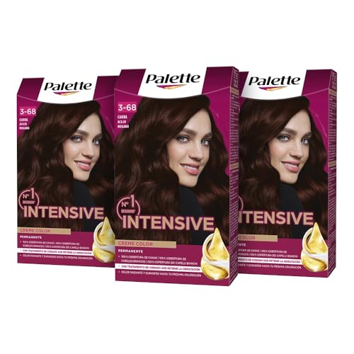 Palette Intensive Creme Color 3-68 Caoba, tinte de pelo permanente con aceite de macadamia y almendras, cubre el 100% de las canas y raíces, para un color radiante, Pack 3