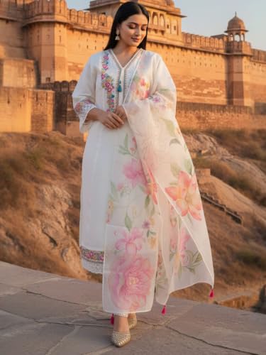 Image of INDO ERA Women's Silk Blend Embroidered Zari Work Straight Kurta & Pant Set | Cord Set For Women