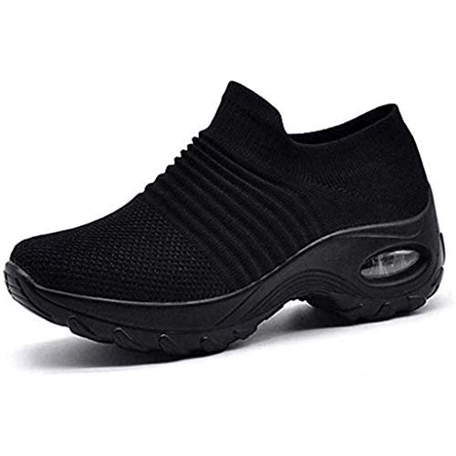 Zapatillas de deporte para mujer, sin cordones, para caminar, tenis, correr, trabajo de malla transpirable, ligero, cómodo, cojín de aire, zapatos antideslizantes, Negro 2, 40 EU
