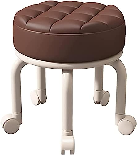Taburete con ruedas giratorias de 360°, color marrón, taburete giratorio compacto para el hogar y la oficina, silla móvil pequeña, taburete bajo versátil con ruedas