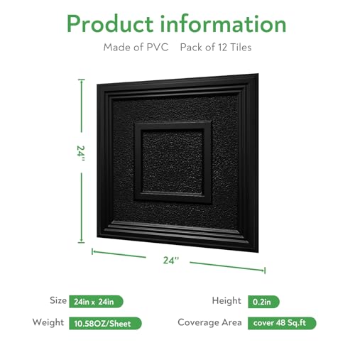 STICKGOO Drop Ceiling Tile 2ft x 2ft, Ceiling Panel High-Grade PVC Coverings 24 x 24in Textured Popcorn Black- 12 Pack Cover 48 Sq. Ft