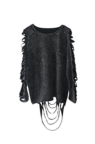 Suvimuga Mujeres Punk Rasgado Agujero Borlas Hollow out Pullover Camisas Blusas Black One Size