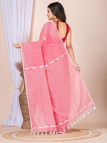 Image of Handloom Muslin Tissue Jamdani Cotton Silk Saree with Sequins Blouse