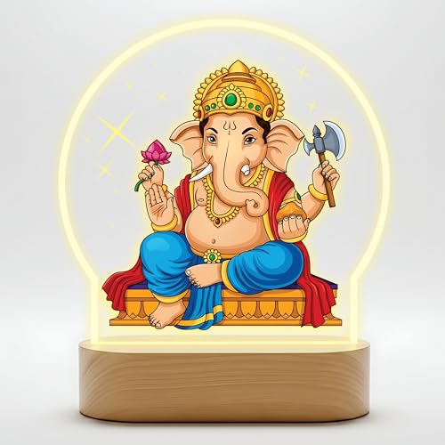 Image of Giftplease Lord Ganesha LED Night Light - Warm Yellow Glow Table Lamp - Divine Ganpati Decor for Pooja Room, Office Desk & Gifting - Elegant Silhouette Lamp GL 03
