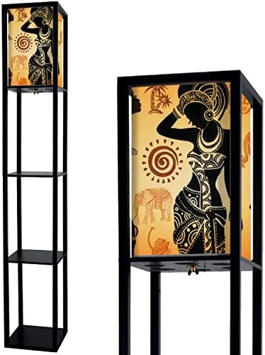 JITHCG African Set African Masks African Animals Standing Lamp with Shelves Flaxen Fabric Shade Floor Lamp Tall lamp Corner Bedside Lamp for Living Room Bedroom Aesthetic Decor, Multicolor 4