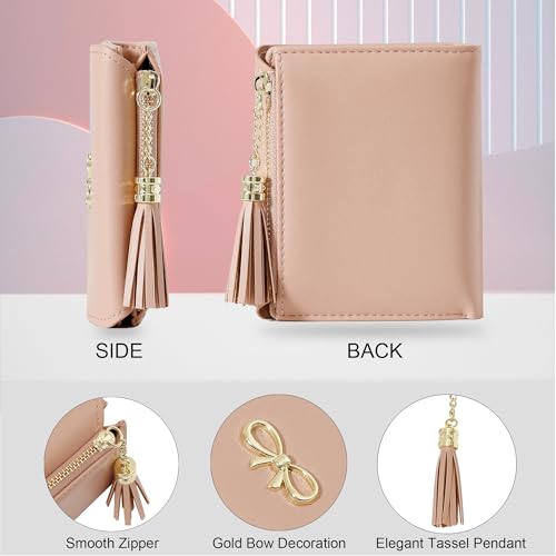 Sunwel Fashion Girls Wallet Cute Coquette Bow Small Zipper Coin Wallet Aesthetic Card Holder ID Window with Tassel Charm for Women (PINK)3