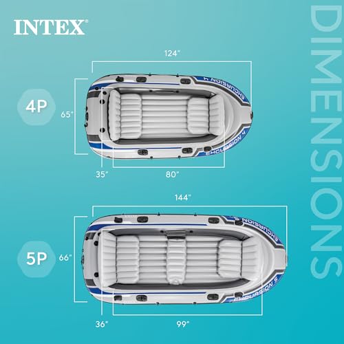 INTEX 68324EP Excursion 4 Inflatable Boat Set: Includes Deluxe 54in Boat Oars and High-Output Pump – Adjustable Seats with Backrest – Fishing Rod Holders – 4-Person – 1100lb Weight Capacity
