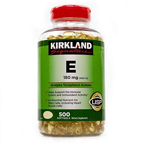 Kirkland Signature Vitamin E 400 I.U. 500 Softgels, Bottle, Yellow A