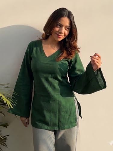 Image of ANNI Designer Short Kurti for Women Solid Design | V Neck Full Sleeve Kurti Tops for Women | Stylish Kurtis & Short Kurtis for Woman | Casual Kurti with Jeans | Kurtas for Woman