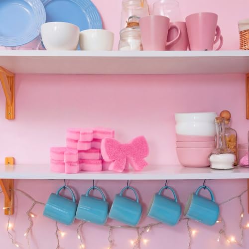 Image of Tioncy 12 Pack Pink Bow Sponges Bulk Preppy Dual Sided Scrubber Stylish Pink Bow Sponges Reuseble Non Scratch Dishwashing Kitchen Cleaning Accessories for Cookware Pot Boiler Pan Household