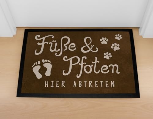 MoonWorks® Fußmatte Füße und Pfoten Hier abtreten Spruch lustig Hund Katze Haustier-Besitzer rutschfest & waschbar Schwarz 60x40cm