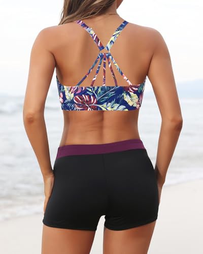 Image of 3 Piece Swimsuits Open Tie Back Tankini Top And Athletic Swim Shorts | Supportive Strappy Swim Bra, Adjustable Straps, Removable Pads, Tummy Control Boyshorts, Quick Dry Fabric, XXS-20 Plus