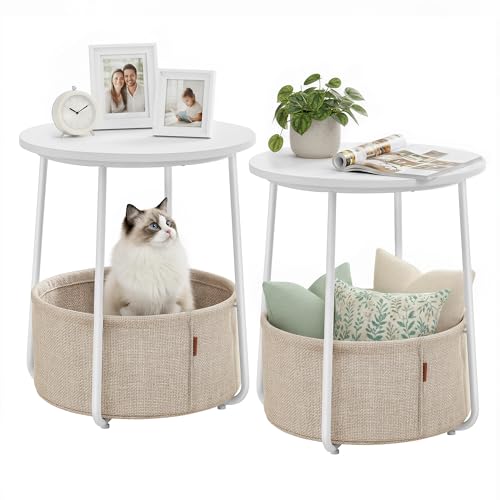 Image of VASAGLE LILEA Collection - Small Round Side End Table, Modern Nightstand with Fabric Basket, for Living Room, Bedroom, Set of 2, Matte White and Camel Brown ULET225WG01S