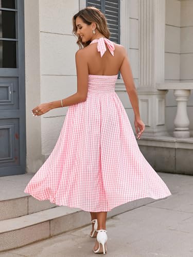 Image of Parthea Women's Gingham Halter V Neck Midi Dress Corset Smocked Sundress Flowy A Line Wedding Guest Dresses