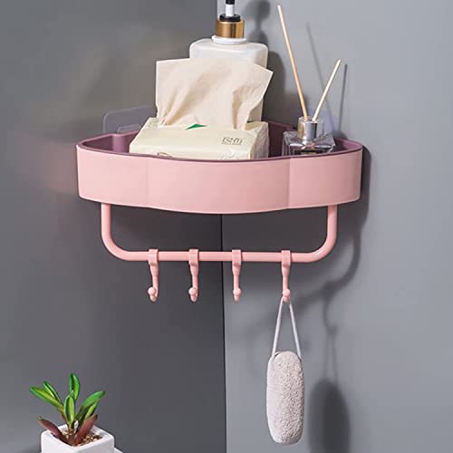 Image of Klaxon Ares Self Adhesive Corner Shelf with Towel Holder & Hooks | Wall Mounted Rack for Bathroom /Kitchen /Washbasin (Pink)