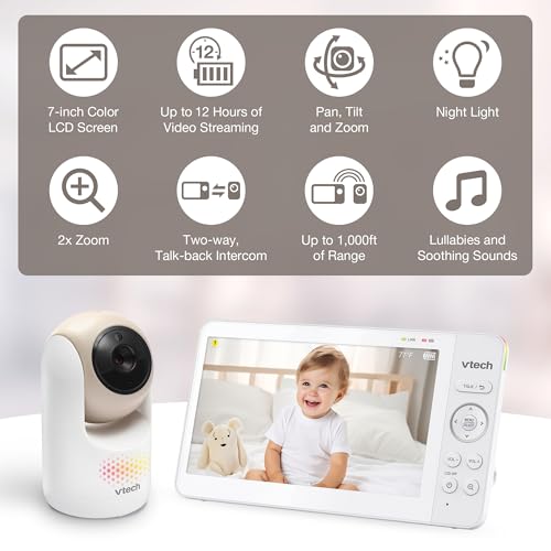 Image of VTech Baby Monitor No WiFi, 7 inch IPS Screen, 5000mAh 12Hr Battery, 360 Pan Tilt Zoom, Night Vision, Multi-Color Night Light, 2-Way Talk| Advanced Max Tan