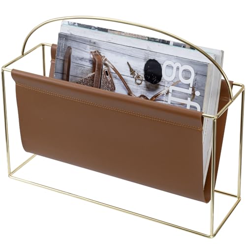 MyGift 15 Inch Mid Century Modern Magazine Holder with Brass Tone Metal Frame and Caramel Brown Leatherette Sling, Freestanding Storage Organizer Newspaper Rack