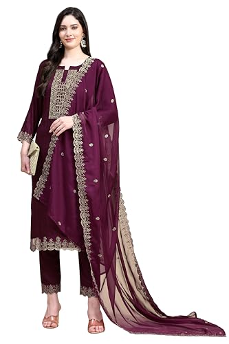Trendmalls Completo Salwar da donna in cotone ricamato con pantaloni Kurta con Dupatta viola, Viola, Large