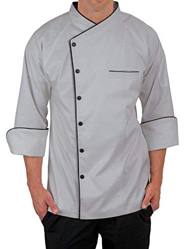 Pragati TrendsChef Coat for Men White Single Breasted with Black Piping and Black Buttons. Full Sleeves Chef Coat Two Piece Back with Slit. Light Weight Fabric 65% Cotton 35% Polyester Chef Coat