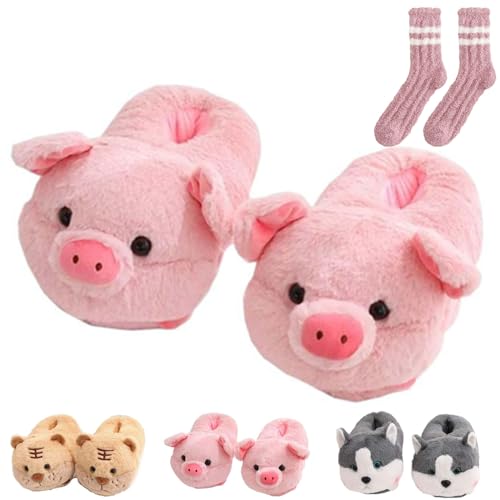 LELEBEAR Pig Slippers-Pig Slippers for Women, Kawaii Piggy Cotton Slippers, Pink Plush Cozy Cute Animal Slippers
