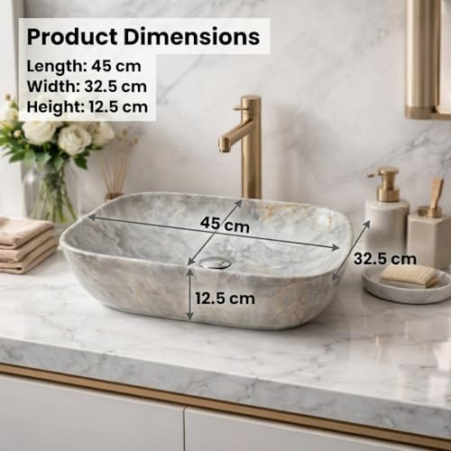 Image of Ceramic Tabletop Wash Basin - Glossy Rectangular Countertop Vessel Sink with Marble Finish for Bathroom & Vanity | Compact 18 x 13 x 5 Inch | Elegant Washbasin
