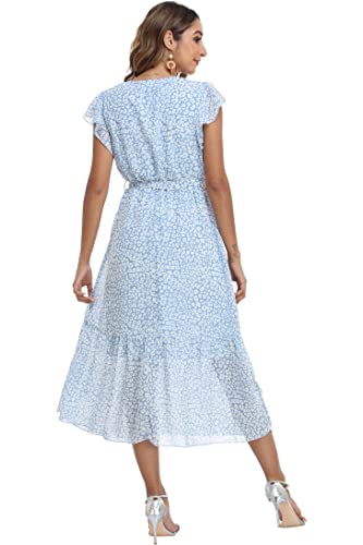 Image of VintageClothing Womens Sundress Casual Floral Summer Boho Dress | Flowy Wrap V Neck Ruffle A-Line Pleated Hem Midi Dresses