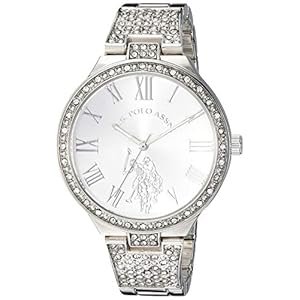U.S. Polo Assn. Women’s Silver Crystal Analog Watch with Roman Numerals and Polished Bracelet Band – Sparkling Pavé Dial Accents – Fits Wrists 5.5″ to 8″
