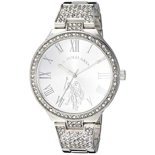 U.S. Polo Assn. Women’s Silver Crystal Analog Watch with Roman Numerals and Polished Bracelet Band – Sparkling Pavé Dial Accents – Fits Wrists 5.5″ to 8″