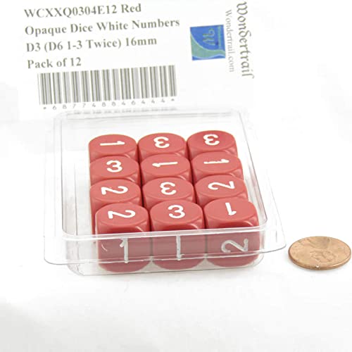 Red Opaque Dice with White Numbers D3 (D6 1-3 Twice) 16mm (5/8in) Pack of 12 Wondertrail