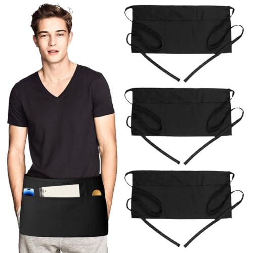 3 Pièces Tablier Serveur Court Noir, Tabliers de Cuisine Noir Avec Sangle Réglable et 3 Poches, Imperméable Cuisine Demi Tablier Hommes et Femmes pour Bistro, Jardin,...