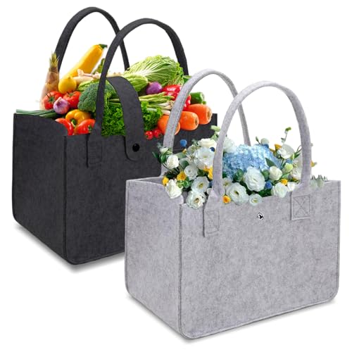 Filztasche Einkaufstasche, 2 Stück Faltbar Filztaschen Shopper, 30 * 20 * 18 cm Filz Tasche, Große Kapazität Filztasche, Filztaschen Shopper für Einkaufen, Picknick, Aufbewahrung (Schwarz Grau)