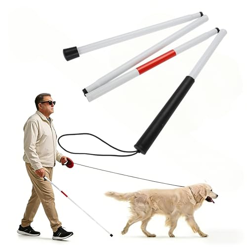 Canne de marche pliable blanche de 124 cm - Canne de marche rouge et blanche réfléchissante réglable à 4 sections pour aveugles et malvoyants