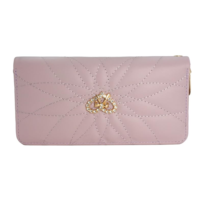 Women's long wallet with crystal bow, women's ultra-thin wallet with wristband, large capacity phone case, pink purple, 7.67 x 3.93 inches