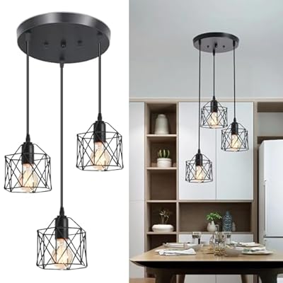 ROCUNSI 3-Light Pendant Light Fixtures, Farmhouse Hanging Pendant Lighting, Dining Room Chandelier, Industrial Kitchen Island Hanging Light Fixture, Black Metal Cage Pendant Ceiling Lamp for Kitchen