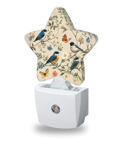 Image of Birds Butterfly Decorative Nightlight Plug in Wall,Watercolor Floral Star Shaped Night Light with Built in Sensor for Home Decor,Kitchen Hallway Stairs Desk Lamp