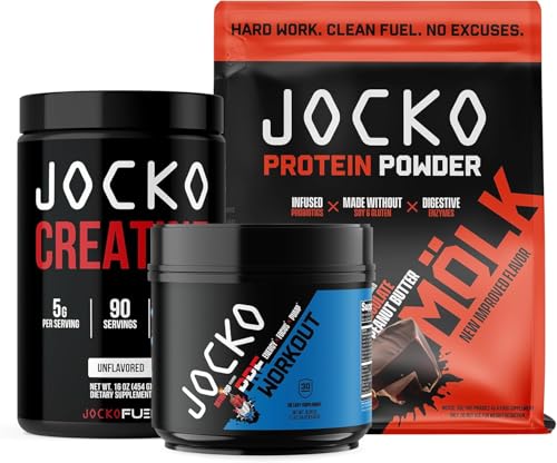 Jocko Fuel 3 Pack Bundle - Creatine, Chocolate Peanut Butter MOLK Protein, & Nitro Pop Pre Workout
