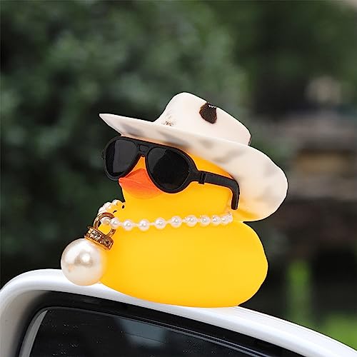 Image of wonuu Car Rubber Duck, Yellow Duck Decoration Dashboard with Sun Hat Swim Ring Necklace Sunglasses for Car Dashboard Decorations, Black White Cowboy Hat-Transparent-Big Pearl