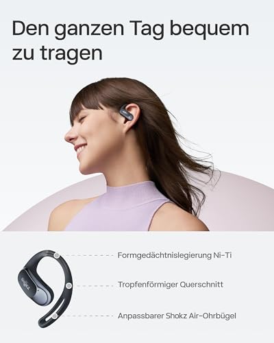 SHOKZ OpenFit Air Open-Ear-Kopfhörer, True Wireless Bluetooth-Ohrhörer mit Mikrofon, Ohrhörer mit Air-Ohrbügel, Schnellaufladung, 28h Wiedergabe, wasserdicht IP54 fürs Training, Tragetasche, Schwarz – Bild 5