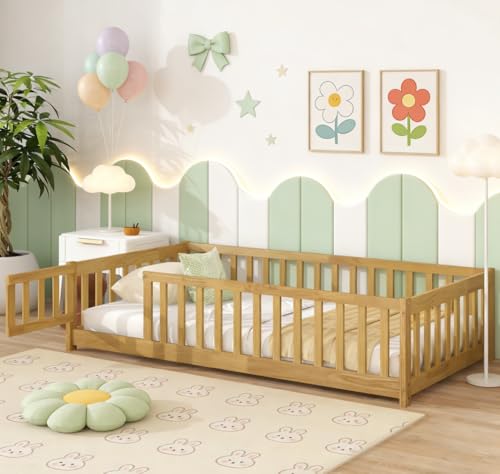 Bellemave Twin Size Montessori Floor Bed with Rails, Pine,Rubber Wood