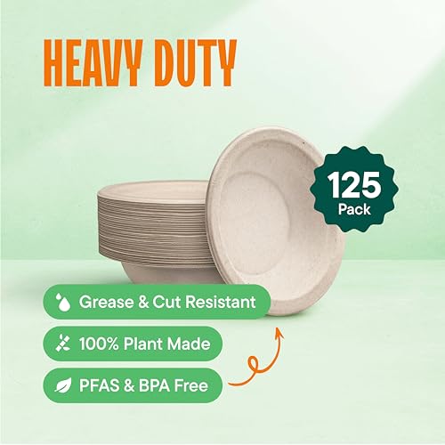 Stack Man 100% Compostable 12 oz. Paper Bowls [125-Pack] Heavy-Duty Quality Natural Disposable Bagasse, Eco-Friendly Biodegradable Made of Sugar Cane Fibers